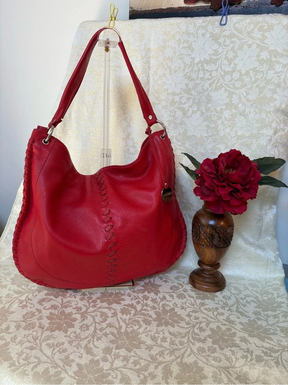Pulicati Red Leather Whipstitched Hobo Shoulder Bag